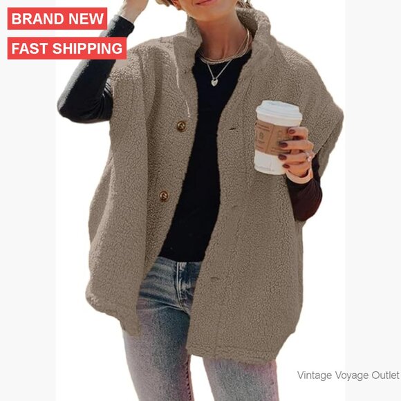 Oversized Fleece Sherpa Vest with Pockets Loose Fit Button Closure